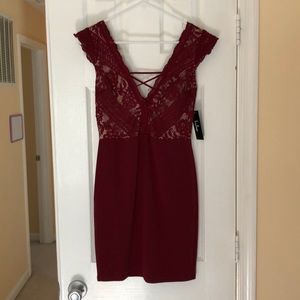 Burgundy, formal dress with lace up back.